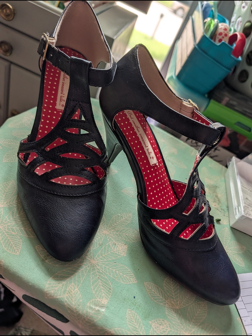 B.A.I.T 💙 Blue T-Strap Heels with Red Polka Dot Lining